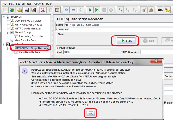 Start JMeter Proxy Server for HTTP Recording